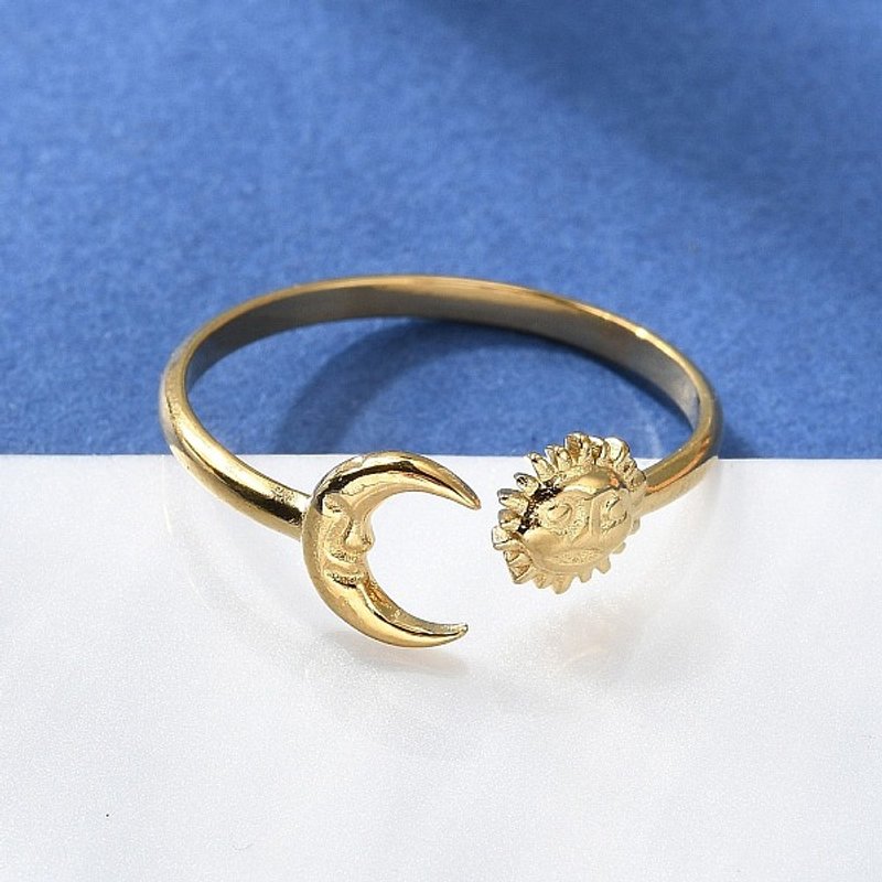Bague ouverte en acier inoxydable 304 pour femmes, design lune & soleil — Bijoux fantaisie