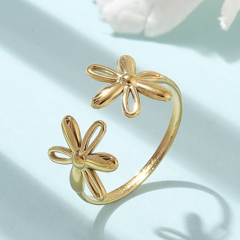 Ion Plating 304 Stainless Steel Open Cuff Ring for Women, Flower — Costume Jewelry