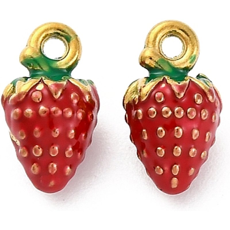 304 Stainless Steel Strawberry Enamel Pendant with 18K Gold Plating — Charms & Pendants