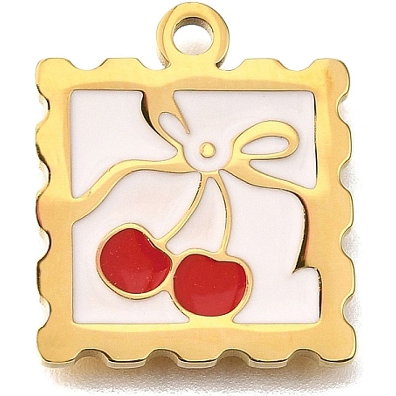 Pendentif carré en acier inoxydable 304 avec charme cerise — Breloques et pendentifs