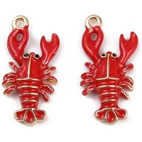 Brass Alloy Golden Lobster Pendants with Enamel and Rack Plating