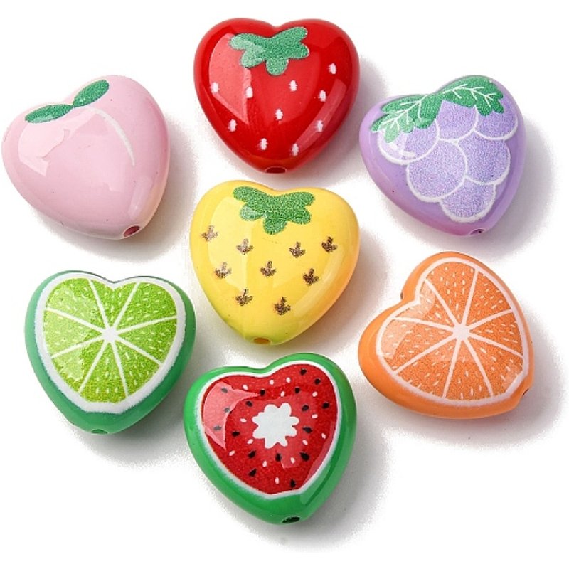 Opaque Acrylic Heart Beads with Fruit, 17x18x8.5mm — Jewelry Beads