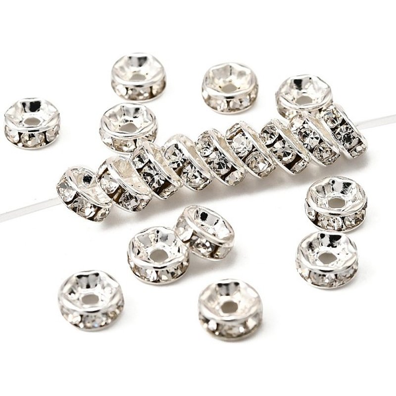 Brass Grade A Rhinestone Spacer Beads, Silver, 6mm, 1mm Hole — Jewelry Beads