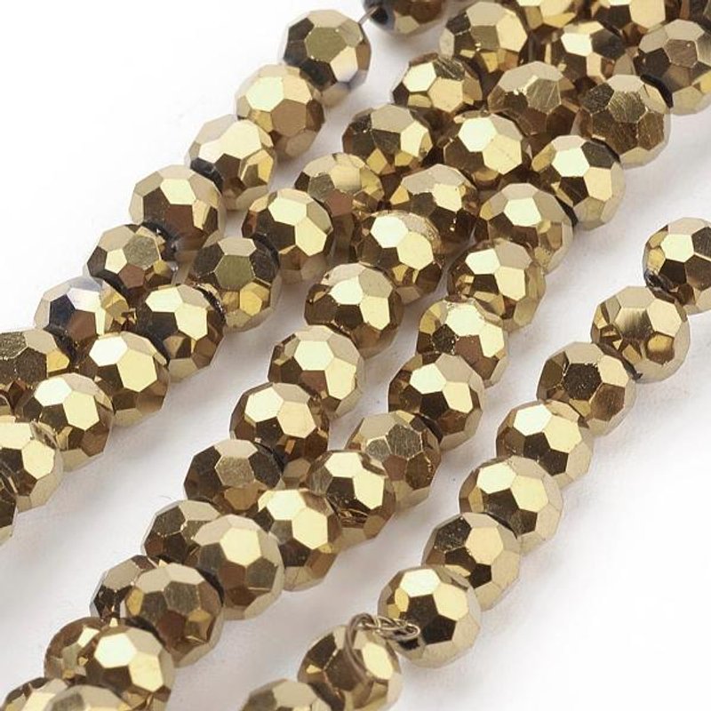 Brins de Perles en Verre Électroplaqué, Ronds Facettés, Plaqué Or, 4mm — Perles à bijoux