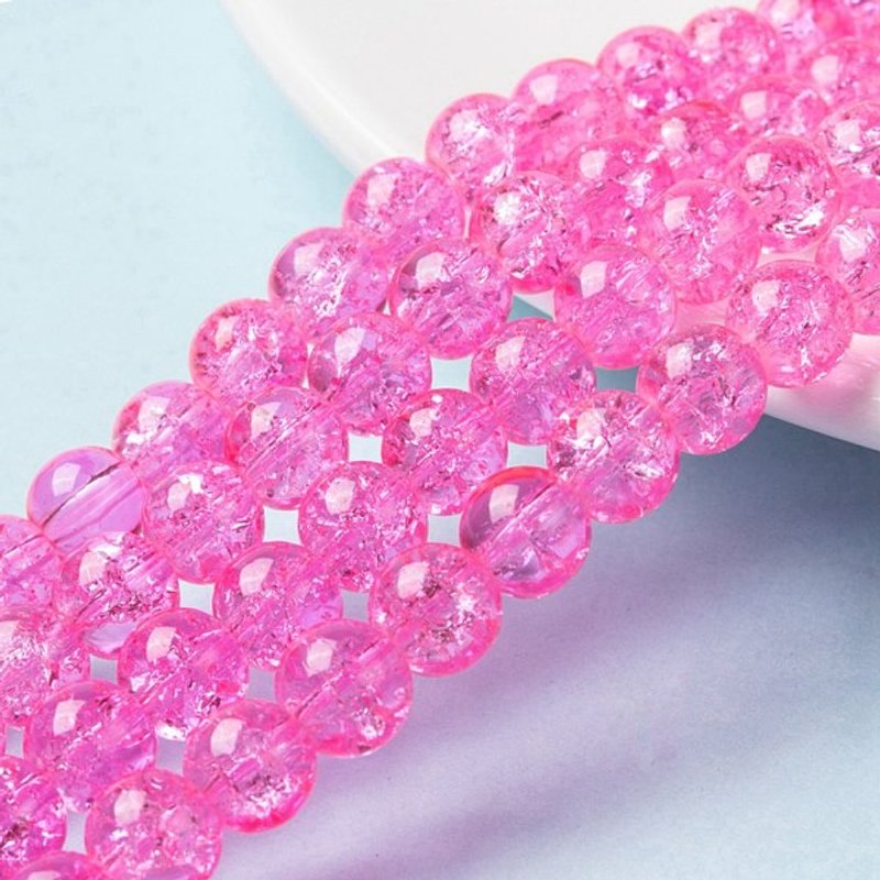 Brins de perles en verre craquelé peint en spray, ronds, rose vif, 8 mm — Perles à bijoux