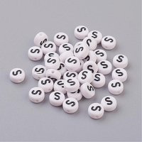 Flat Round Letter S Acrylic Beads, White & Black, 7mm Diameter — Jewelry Beads