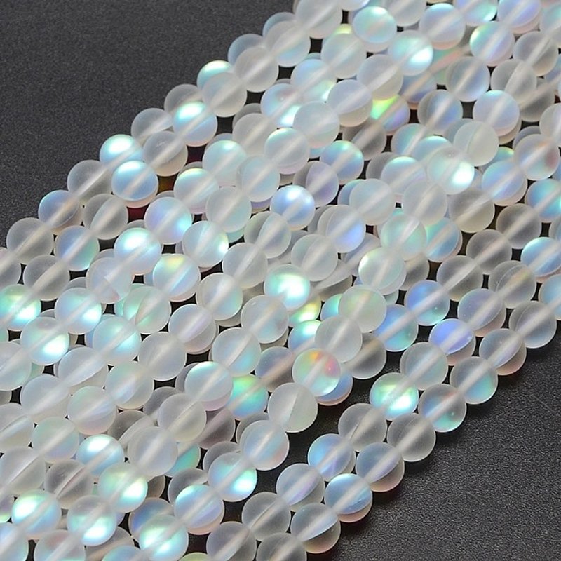 Brins de perles de pierre de lune synthétique, rondes blanches holographiques 8mm — Perles à bijoux