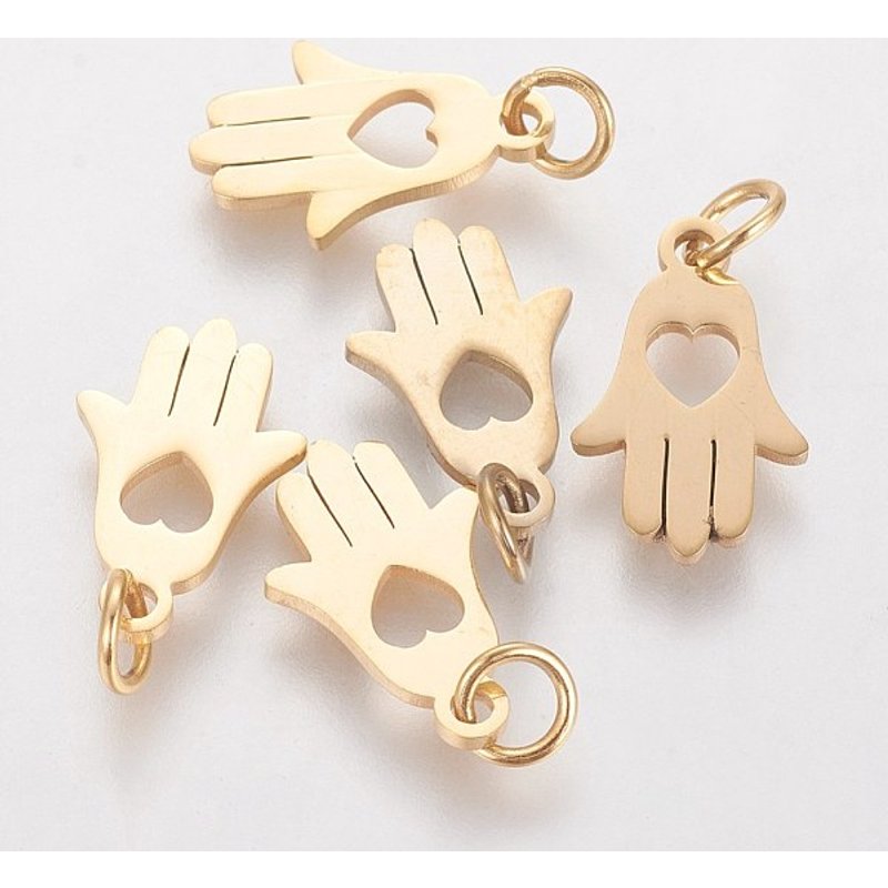 Pendentif Hamsa en Acier Inoxydable 304 avec Cœur, Doré — Breloques et pendentifs