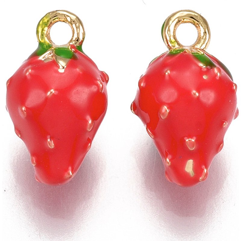 Charm en laiton fraise avec émail, sans nickel, plaqué or 18K — Breloques et pendentifs