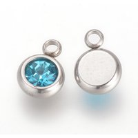 Charms en acier inoxydable 201 avec strass, ronds plats, aquamarine