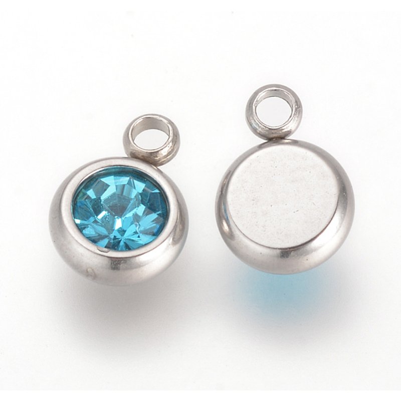 Charms en acier inoxydable 201 avec strass, ronds plats, aquamarine — Breloques et pendentifs