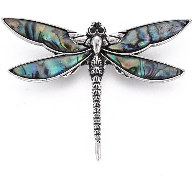 Broche Libellule en Coquille d'Abalone avec Fond en Résine, Argent Vieilli — Broches