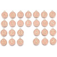 Charms en Émail Alphabet A-Z, Disques Ronds Recto-Verso, Rose, 26pcs
