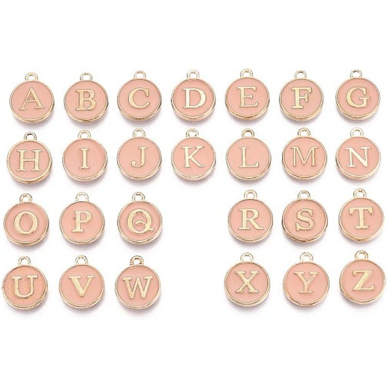 Charms en Émail Alphabet A-Z, Disques Ronds Recto-Verso, Rose, 26pcs — Breloques et pendentifs