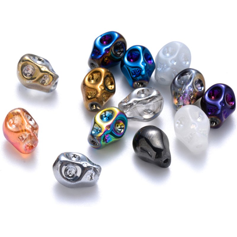 Electroplate Glass Skull Beads, Mixed Colors, 10x7.5x6.5mm — Jewelry Beads