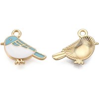 Charms en alliage avec émail, oiseau doré clair en bleu ciel — Breloques et pendentifs