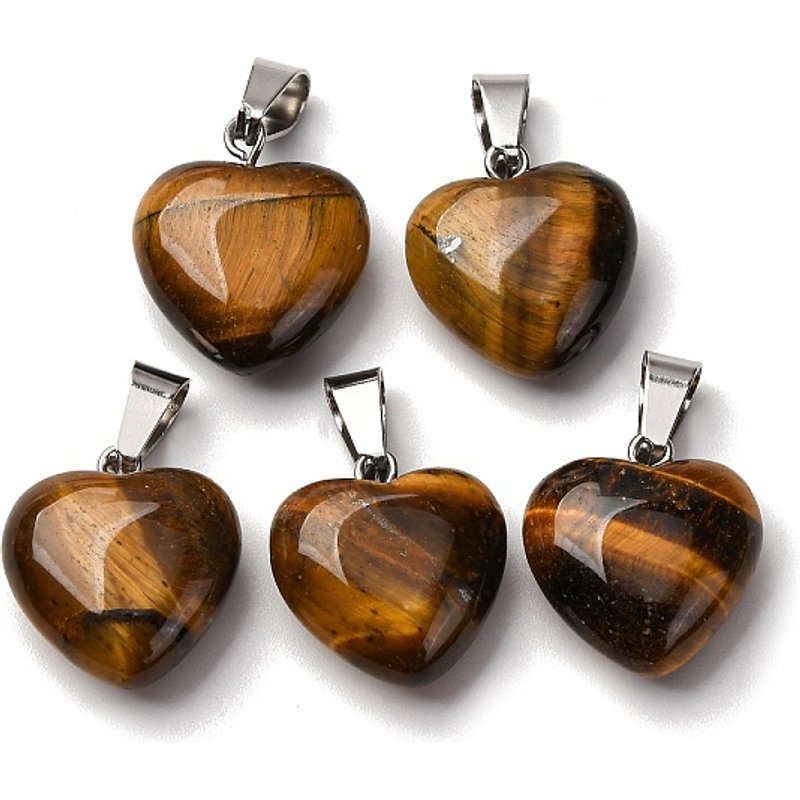 Natural Tiger Eye Heart Pendants with Platinum Brass Loops — Charms & Pendants