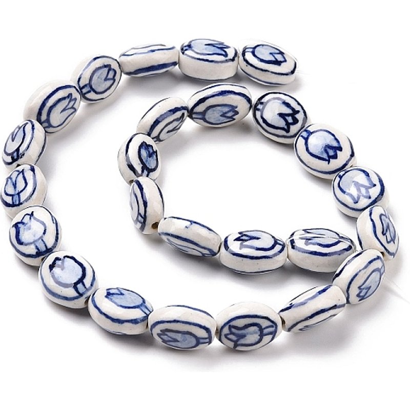 Handmade Blue and White Porcelain Beads Strands with Flower Pattern — Jewelry Beads