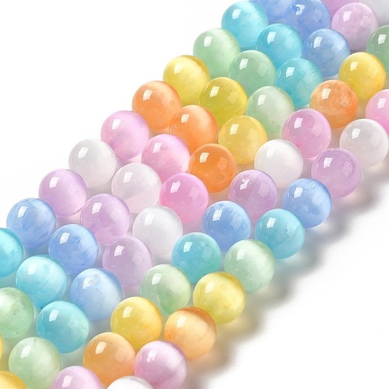 Brins de perles de sélénite naturel, qualité A, teintées, rondes, couleurs mélangées — Perles à bijoux