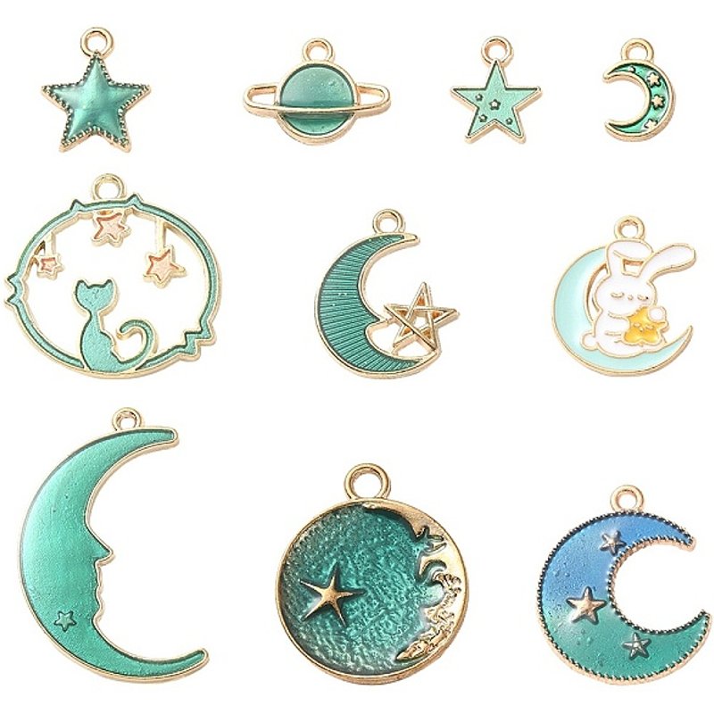 Ensemble de 10 Pcs de Pendentifs en Alliage Émaillé - Designs Lune & Étoile — Breloques et pendentifs