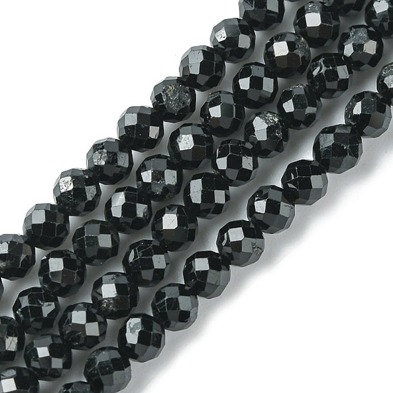 Brins de Perles de Tourmaline Noire Naturelle, Ronde Facettée 4mm — Perles à bijoux