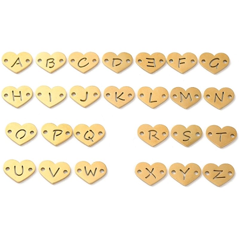 26Pcs 304 Stainless Steel Heart Connector Charms with Letters A-Z — Jewelry Findings