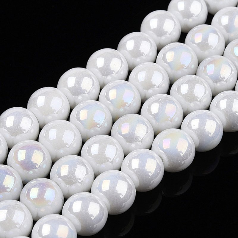 Brins de perles en verre opaque électroplaqué, couleur AB, blanc — Perles à bijoux