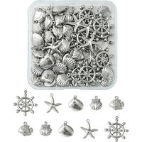 60Pcs Stainless Steel Charms in 5 Styles: Starfish, Shell, Fish, Sailing Plate — Charms & Pendants