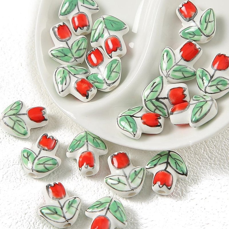 Handmade Porcelain Bright Glazed Flower Beads, Red, 16x14.5mm — Jewelry Beads