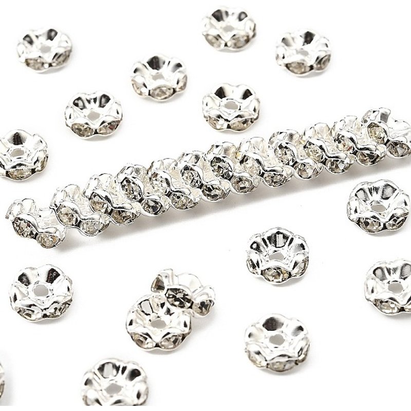 Perles Intercalaires en Laiton avec Strass, Bord Ondulé, Plaqué Argent — Perles à bijoux