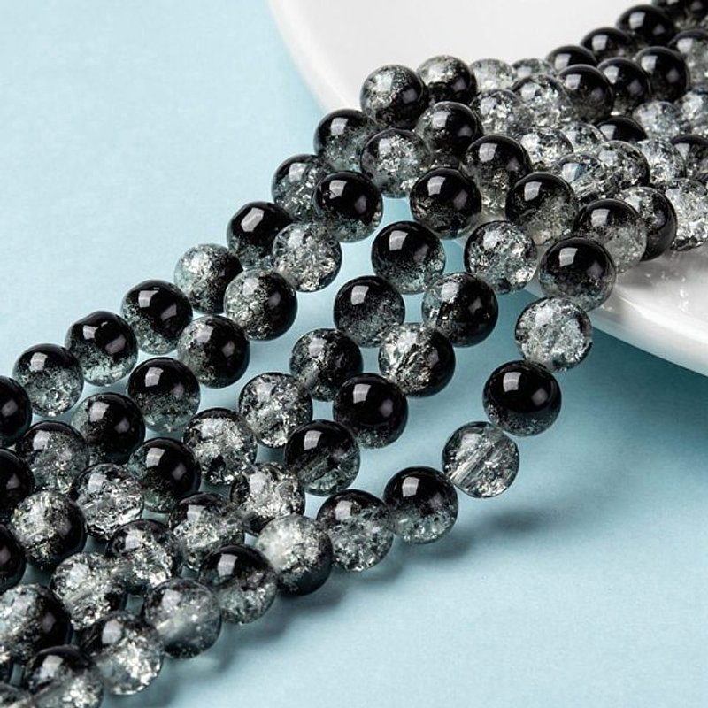 Brins de perles en verre craquelé peint en spray, rond, bicolore, noir — Perles à bijoux