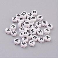Flat Round Acrylic Beads with Letter N, White & Black — Jewelry Beads
