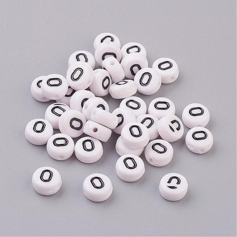 Flat Round Letter O Acrylic Beads, White & Black, 7mm Diameter — Jewelry Beads