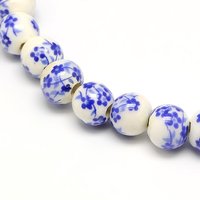 Handmade Flower Printed Porcelain Ceramic Beads Strands, Royal Blue — Jewelry Beads