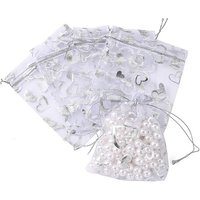 Sacs en Organza Imprimés de Cœurs, Sacs Cadeaux, Rectangle, Blanc, 12x10cm — Rangement et présentation