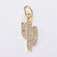 Brass Micro Pave Cubic Zirconia Cactus Charm, Golden — Charms & Pendants