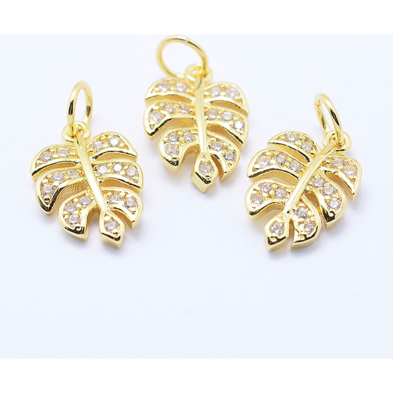 Brass Micro Pave Cubic Zirconia Monstera Leaf Charms — Charms & Pendants