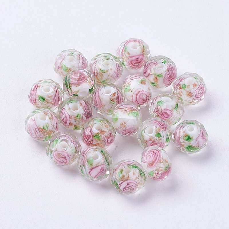 Perles en verre lampwork faites à la main, fleur intérieure, rondelle facettée, blanche — Perles à bijoux
