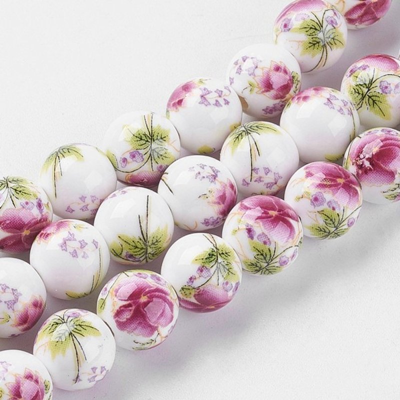 Handmade Flower Printed Porcelain Ceramic Beads Strands, 35pcs — Jewelry Beads