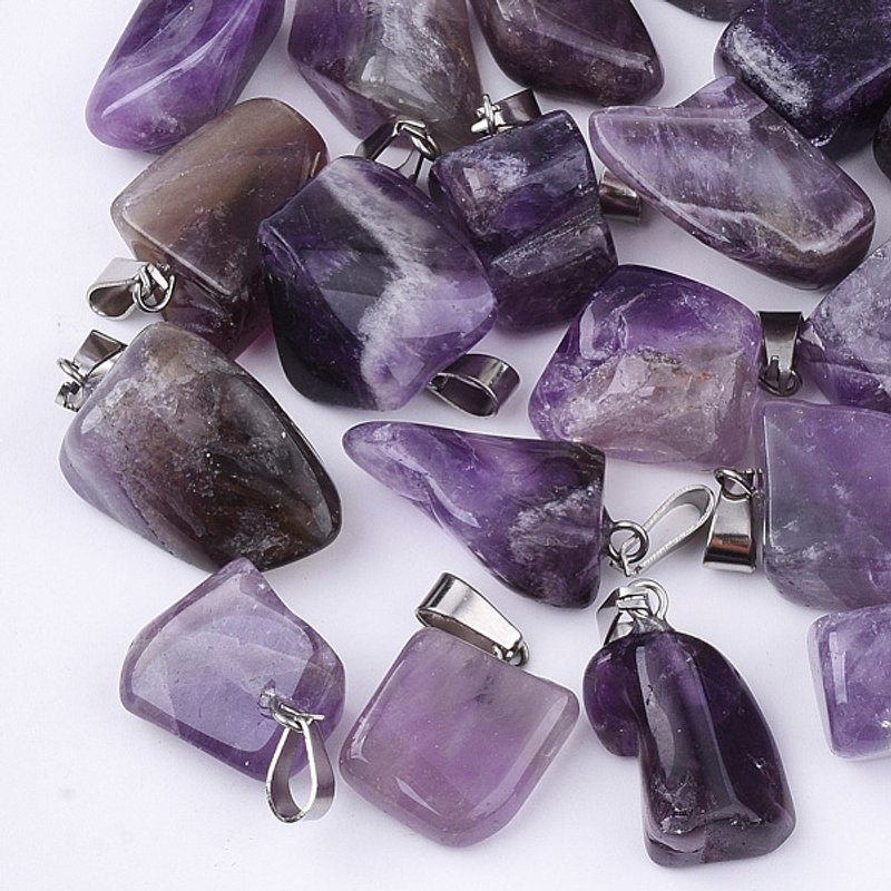 Natural Amethyst Pendants with Stainless Steel Snap On Bails — Charms & Pendants