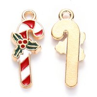 Alloy Enamel Candy Cane Pendant for Christmas, Light Gold and Red