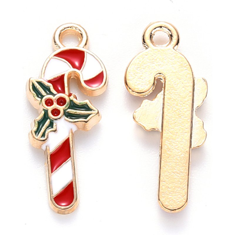Alloy Enamel Candy Cane Pendant for Christmas, Light Gold and Red — Charms & Pendants