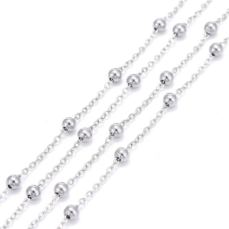 304 Stainless Steel Cable Chains with Beads and Spool, 32.8 Feet