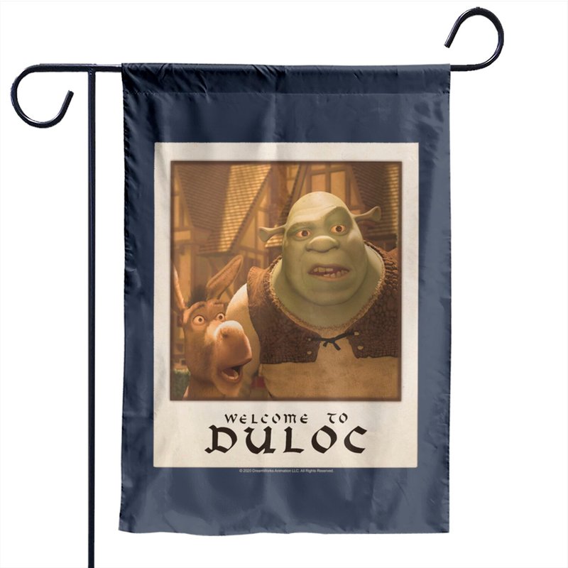 Drapeaux de jardin Shrek Bienvenue à Duloc avec Shrek et Donkey — Drapeaux décoratifs
