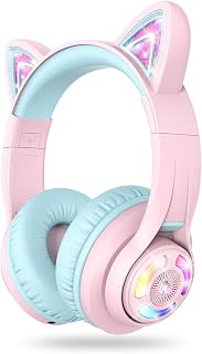iClever BTH13 Kids Headphones, Cat Ear LED Light Up Kids Bluetooth Headphones with Three Volume Optional (74/85/94dB), 45H Playtime, Children Headphones with MIC Over Ear for School/Tablet/PC, Pink