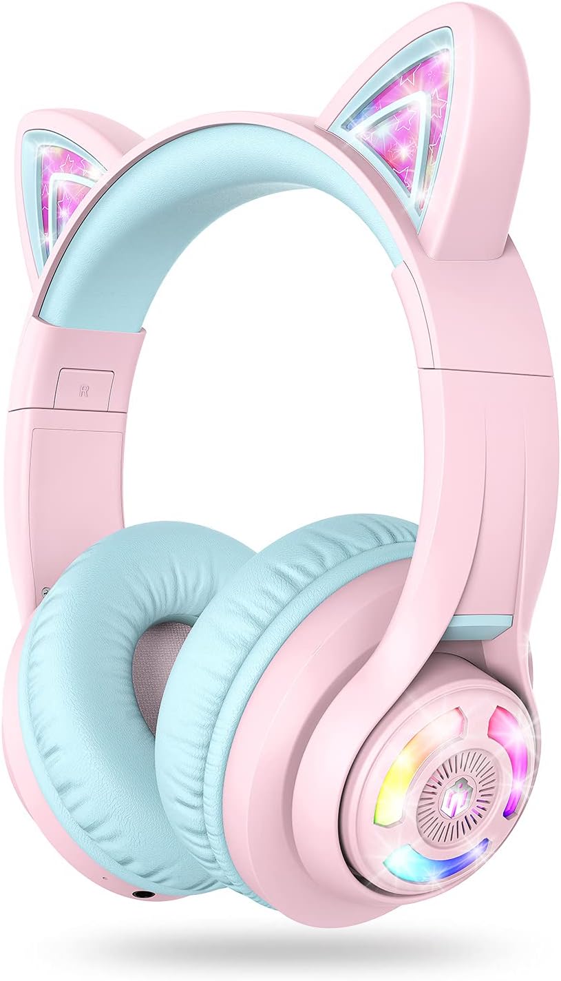 Bluetooth headphones: iClever BTH13 Kids Headphones, Cat Ear LED Light Up Kids Bluetooth Headphones with Three…