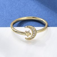 Adjustable Brass Micro Pave Cubic Zirconia Cuff Rings - Moon & Star