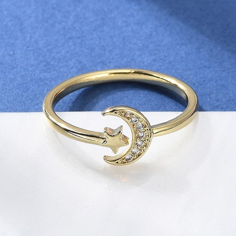 Adjustable Brass Micro Pave Cubic Zirconia Cuff Rings - Moon & Star — Costume Jewelry