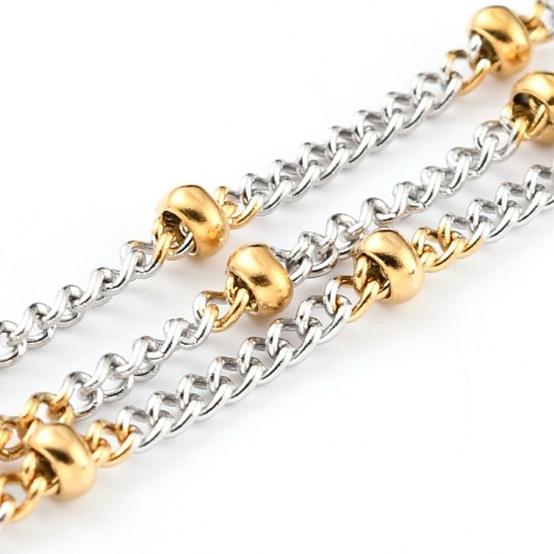 Two Tone 304 Stainless Steel Curb Chains with Spool and Beads