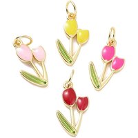 Pendants en laiton en forme de tulipe avec émail, plaqué or 18K, couleurs variées — Breloques et pendentifs